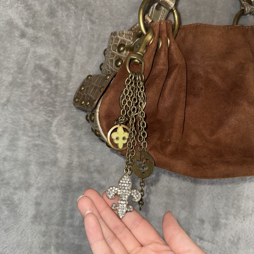 Vintage Kathy Van Zeeland Brown Suede Hobo Shoulder Bag Croc Embossed Y2K Purse - Picture 2 of 11